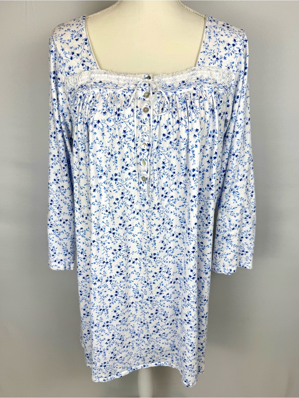 Eileen West Long Sleeve Cotton Jersey Traditional Nightgown Chemise Lace Large